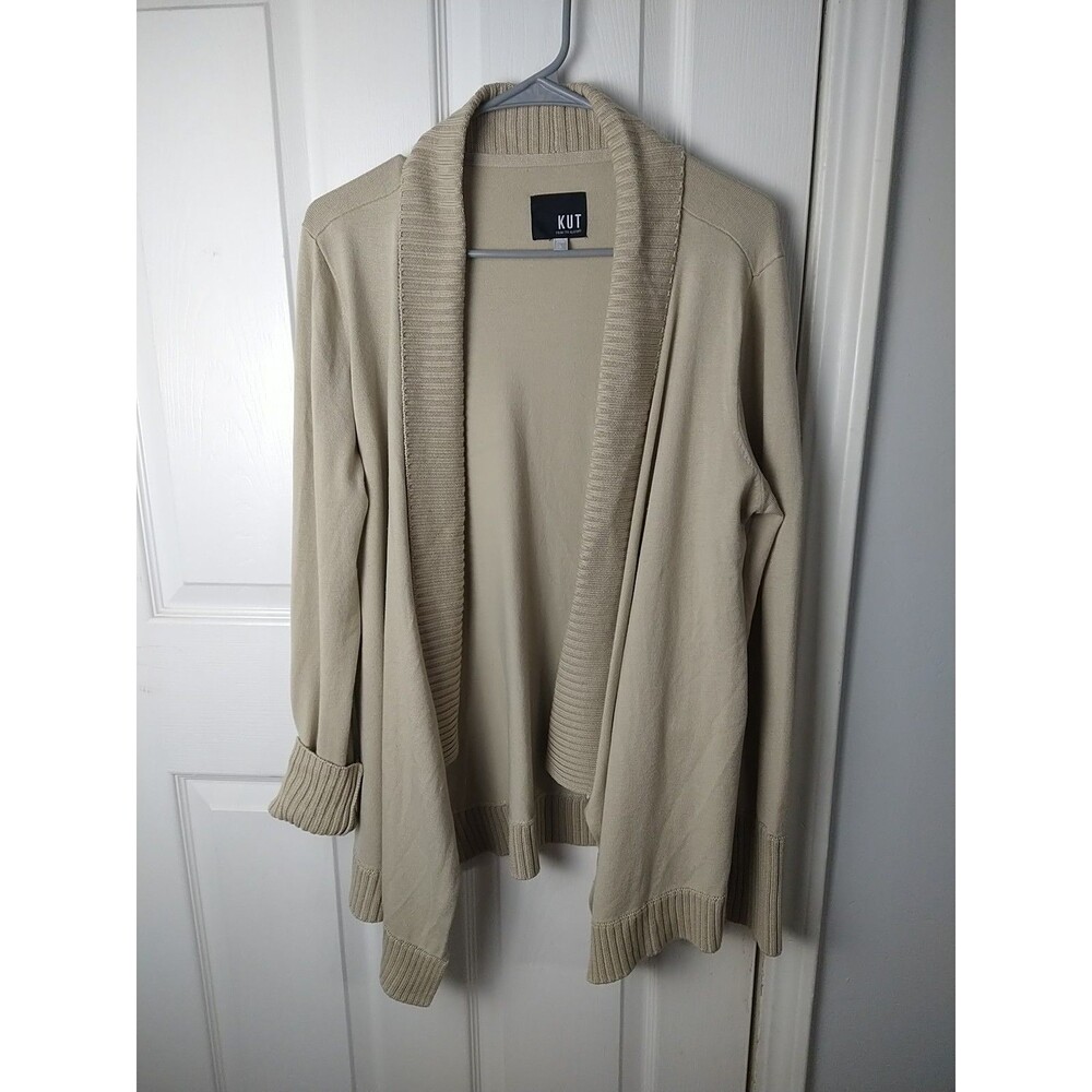 Kut From The Kloth Woman L Brown Cardigan LS Sweater Open Waterfall Front